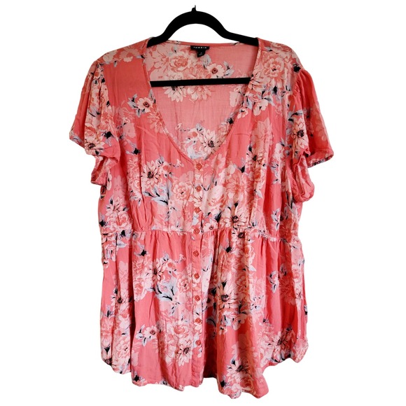 Torrid 3 Blouse Flutter Sleeve Baby Doll Pink Floral Gathered Waist‎ Tunic 3X - Picture 3 of 8